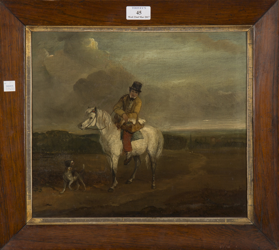 British School - Gentleman on Horseback accompanied by a Dog, 19th century oil on canvas, 29cm x