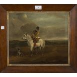 British School - Gentleman on Horseback accompanied by a Dog, 19th century oil on canvas, 29cm x