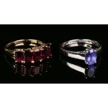 A 9ct gold and garnet set five stone ring, mounted with rectangular cut garnets, ring size approx M,