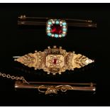 A gold, garnet, turquoise and seed pearl cluster bar brooch, width 4.3cm, a 9ct gold, seed pearl and