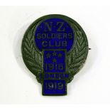 A silver and enamel N.Z. Soldier's Club London 1916-1919 lapel badge with pin fastener, Birmingham