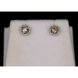 A pair of 18ct gold, champagne coloured diamond and diamond earrings, each claw set with a champagne