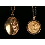 A 9ct gold St Christopher pendant with a 9ct gold neckchain, and a 9ct gold oval pendant locket with