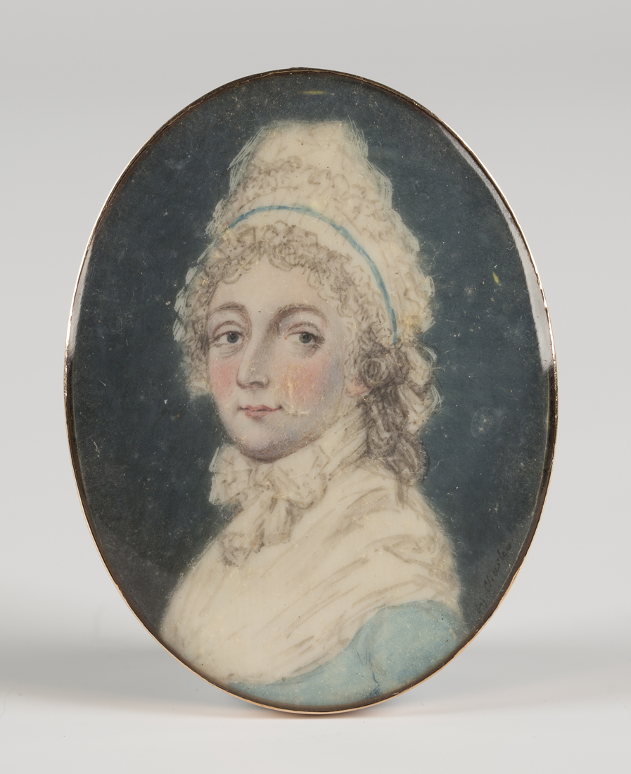 A. Charles - Oval Miniature Portrait of a Lady wearing a White Cap with Blue Band and High-necked