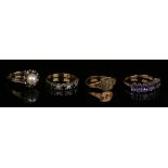 A 9ct gold, diamond, sapphire and cultured pearl cluster ring, a gold, diamond and sapphire seven