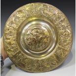A Victorian Elkington & Co plated and parcel gilt circular inkstand with cut glass liner, the hinged