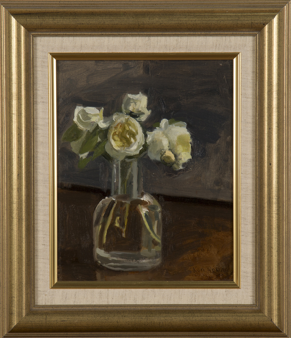 Ken Howard - Still Life of White Roses in a Vase, oil on canvas-board, signed, 25cm x 20cm, within a