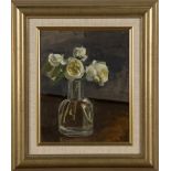 Ken Howard - Still Life of White Roses in a Vase, oil on canvas-board, signed, 25cm x 20cm, within a