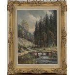Garstin Cox - River Scene with Bridge and Pine Forest, pastel, signed, 38.5cm x 28.5cm, within a