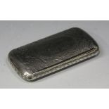 A Victorian silver snuffbox of rounded rectangular form, engraved with foliate decoration,