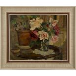 Edward Wesson - Still Life of Flowers in a Vase on a Table, oil on canvas-board, signed, 38cm x