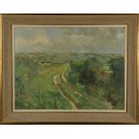 Robert Lyon - 'Sussex Farm Track', oil on canvas, signed recto, titled to labels verso, 53cm x 71cm,