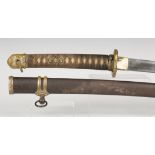 A Second World War period Japanese katana with curved single edged blade, length 72cm, with uneven