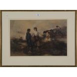 Oskar Larsen - Figures in a Landscape, watercolour, signed recto, label verso, 29.5cm x 46cm, within