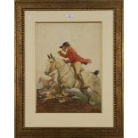 Lawson Wood - Hunting Scene with Horsemen and Hounds, watercolour heightened with body-colour,