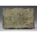 A late Victorian silver rectangular snuffbox with overall engraved foliate scroll decoration