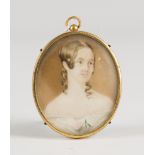 British School - Oval Miniature Portrait of a Lady wearing a Pink Rose Corsage, 19th century