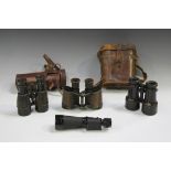 A 20x monocular by Broadhurst Clarkson & Co within its leather case, a pair of First World War