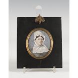 British School - Oval Miniature Portrait of a Lady wearing a Lace Bonnet, identified as Mary