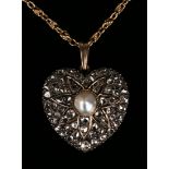 A diamond and cultured pearl heart shaped pendant locket, pavé set with rose cut diamonds, the