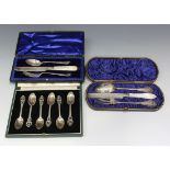 A silver harlequin three piece christening set, comprising knife with mother-of-pearl handle,