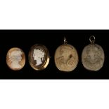 Two gold mounted oval lava cameo pendants, each carved as the classical portrait of a lady, length