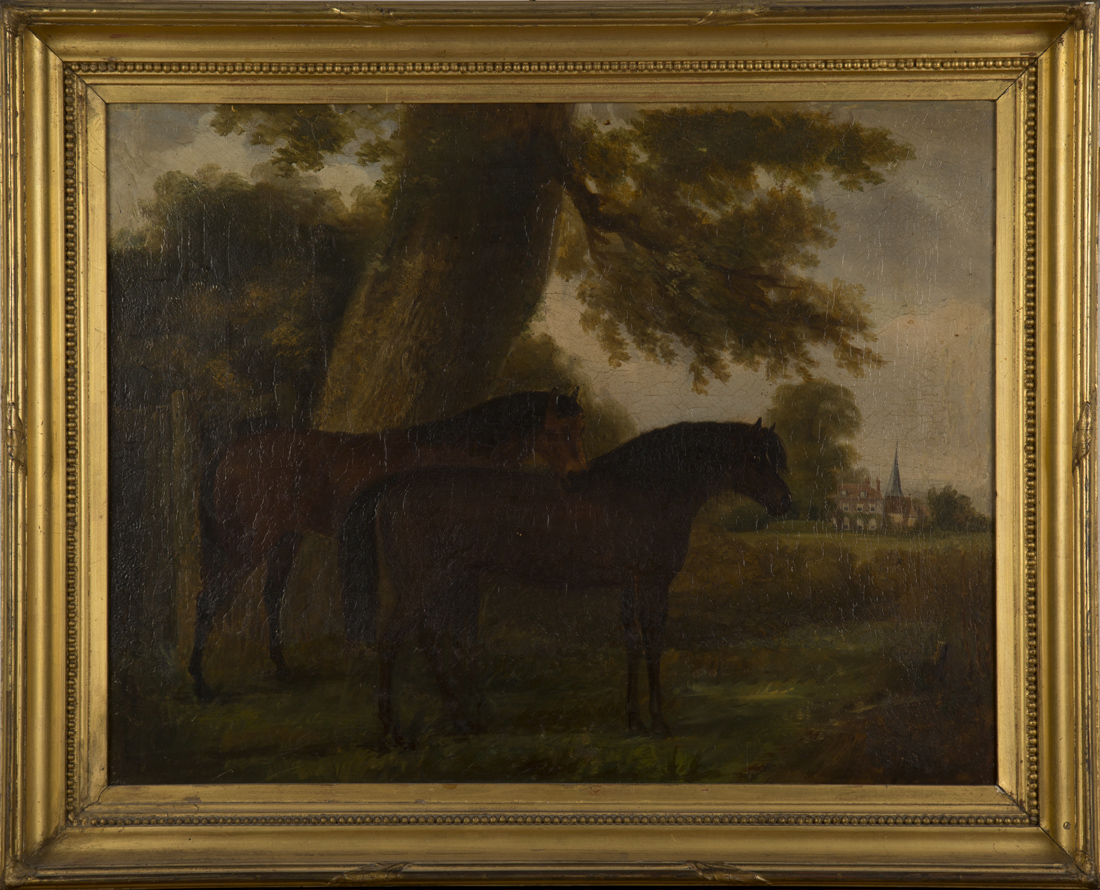 Circle of William Shayer - Two Horses in a Landscape, oil on canvas, 46cm x 60cm, within a gilt