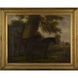 Circle of William Shayer - Two Horses in a Landscape, oil on canvas, 46cm x 60cm, within a gilt