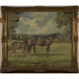 Molly Maurice Latham - Horse and Pony in a Landscape, oil on canvas, signed, 50cm x 60cm, within a