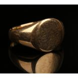 A gold oval signet ring, ring size approx L (shank cut). Provenance: from the estate of the late
