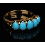 A gold and turquoise ring, mounted with a row of five oval turquoise, detailed '18ct', ring size