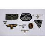 A Third Reich Old Comrades Eagle Badge with pin back, three cap eagles, a Kriegsmarine bullion