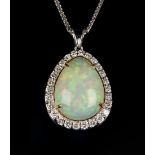 An 18ct white gold, opal and diamond pendant, the claw set pear shaped opal within a surround of