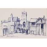 Edward Wesson - Street Scene with Church and Figures, ink drawing on the reverse of an Albion