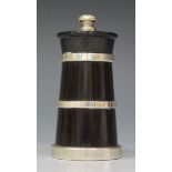 A silver mounted turned hardwood pepper mill of tapered cylindrical form with banded decoration,