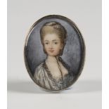 British School - Oval Miniature Portrait of a Lady wearing a Blue Dress and Cap, late 18th century
