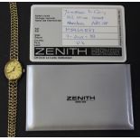 A Zenith Quartz 9ct gold oval cased lady's bracelet wristwatch, the signed oval gilt dial with