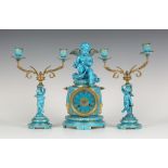 A late 19th century French turquoise glazed porcelain and ormolu clock garniture, the clock with