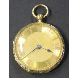 An 18ct gold cased keywind open-faced fob watch, the gilt full plate movement numbered '15708', 18ct