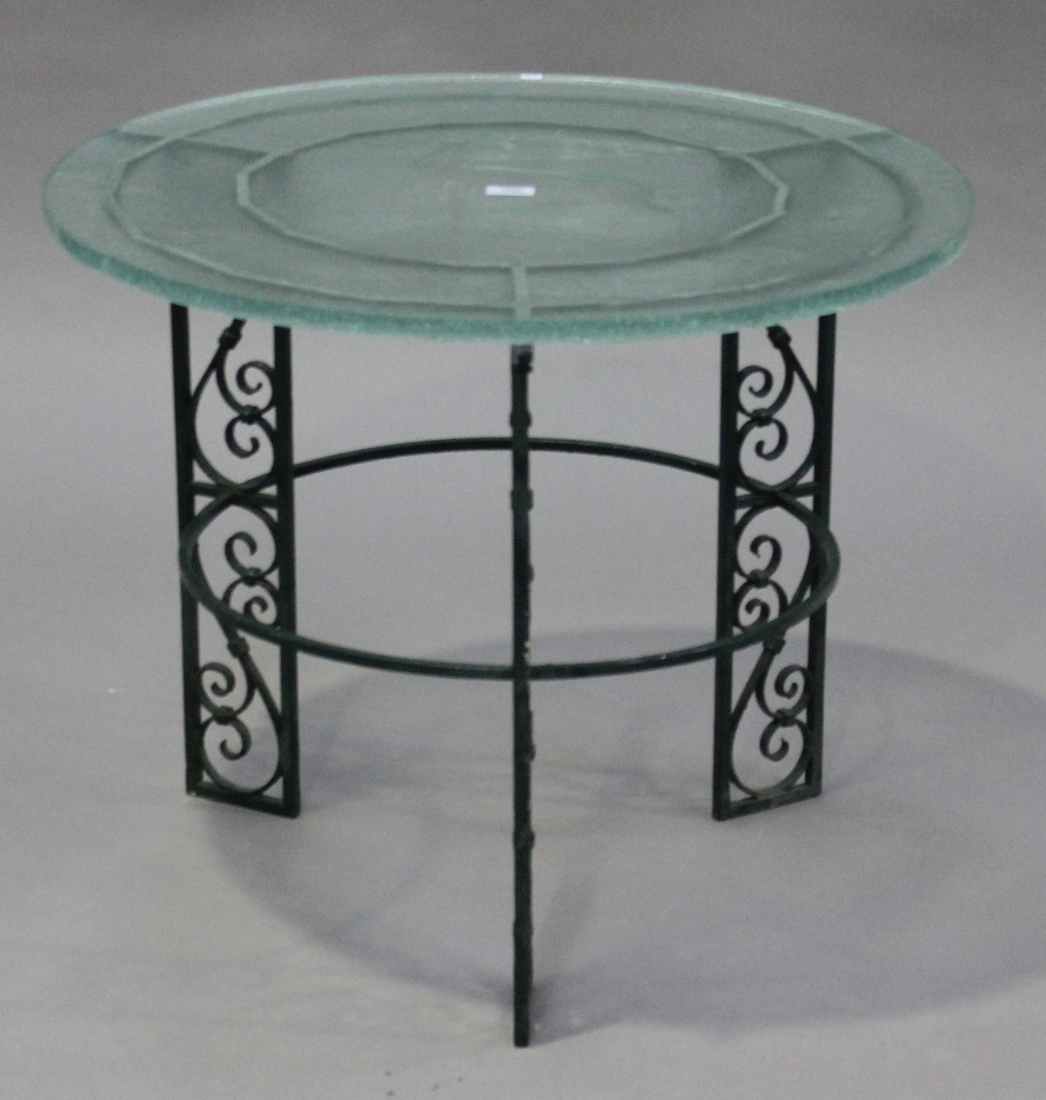 A French Art Deco glass-topped occasional table, the circular top frosted and etched with a stag,