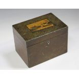 A 19th century Tartan ware tea caddy, the hinged lid with a transfer printed scene of three