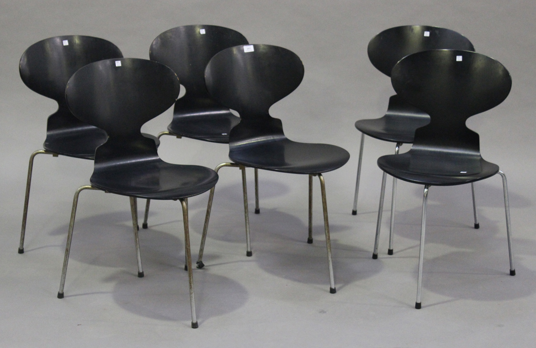 A set of four mid-20th century black 'Ant' chairs, designed by Arne Jacobsen for Fritz Hansen,