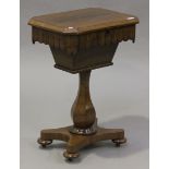 A William IV rosewood work table, the canted rectangular top above a shaped frieze, raised on a