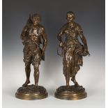 Émile Louis Picault - a pair of late 19th century French brown patinated cast bronze figures of