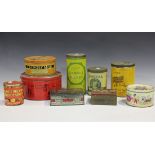 A collection of approximately eighteen advertising tins, including 'Oxo cubes', 'Riley's Toffee' and