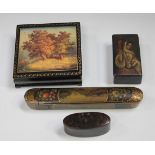 A 19th century papier-mâché rectangular snuffbox, the hinged lid painted with a three-quarter-length