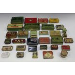 A collection of approximately thirty-five small advertising tins, including 'Huntley & Palmers