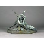 Pietro Masulli - Psyche revived by Cupid's Kiss, a 19th century green patinated cast bronze figure