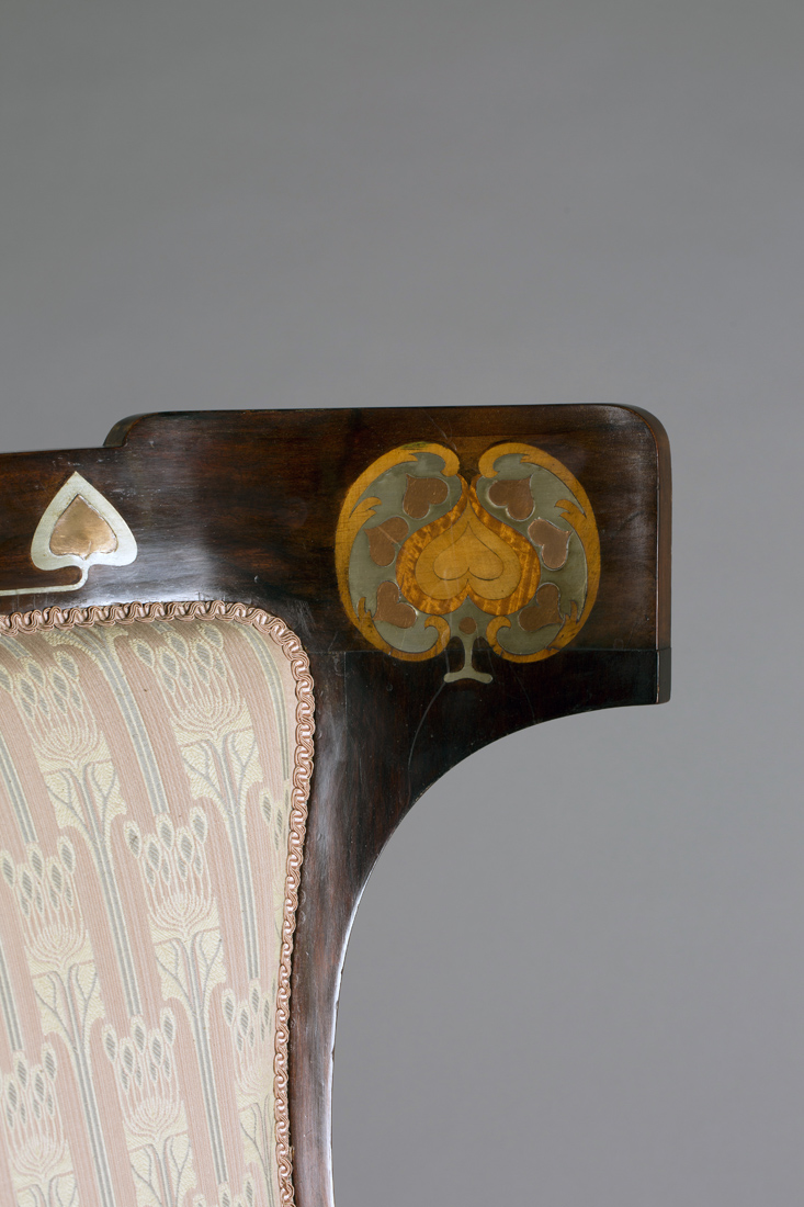 An Edwardian Arts and Crafts mahogany and inlaid tub back armchair, in the manner of Leonard F. - Image 3 of 4