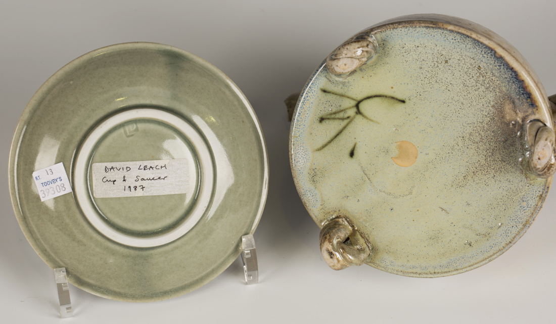 A David Leach Lowerdown studio pottery porcelain cup and saucer, covered in a celadon glaze, - Image 2 of 2